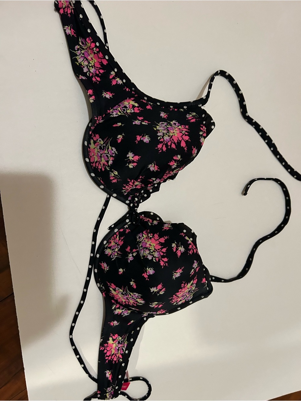 Victoria Secret Black Floral Padded Bikini Top with Pink Blossoms #36D